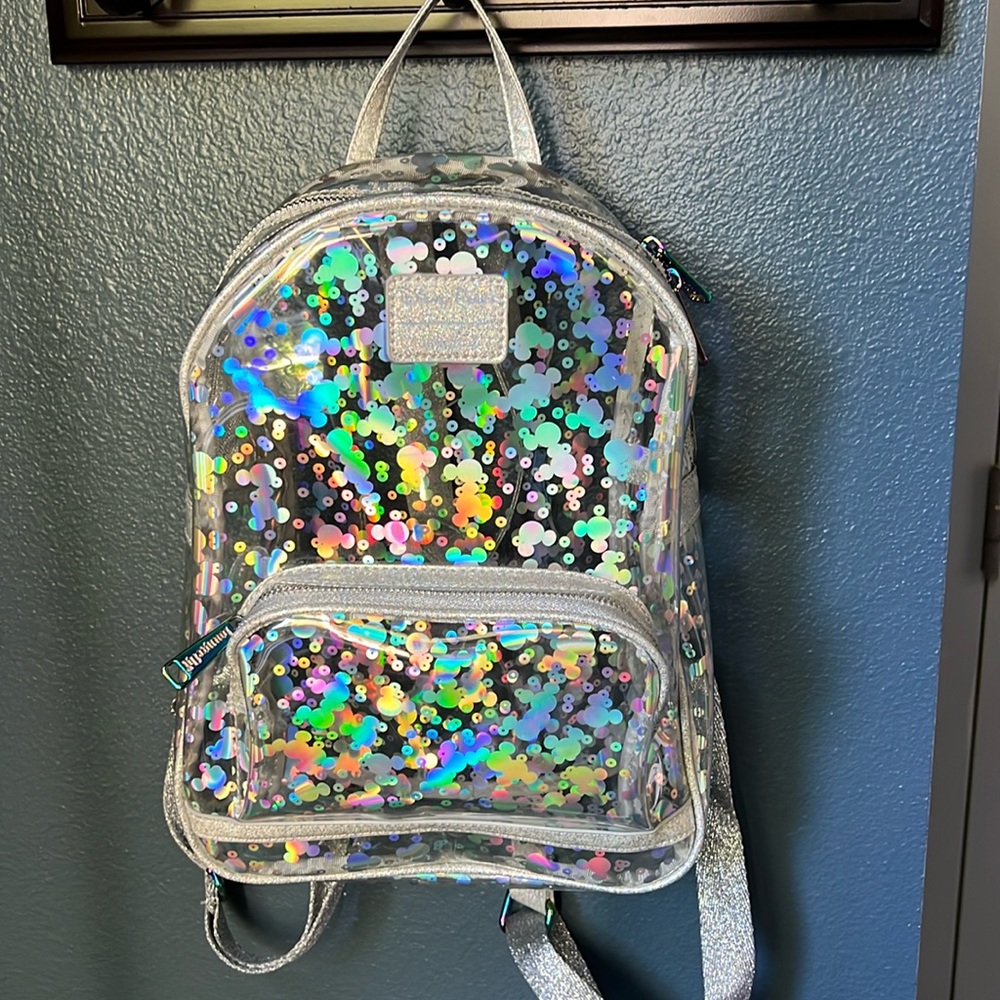 Disney Parks Loungefly Magic Mirror Metallic Holographic Clear Mini Backpack